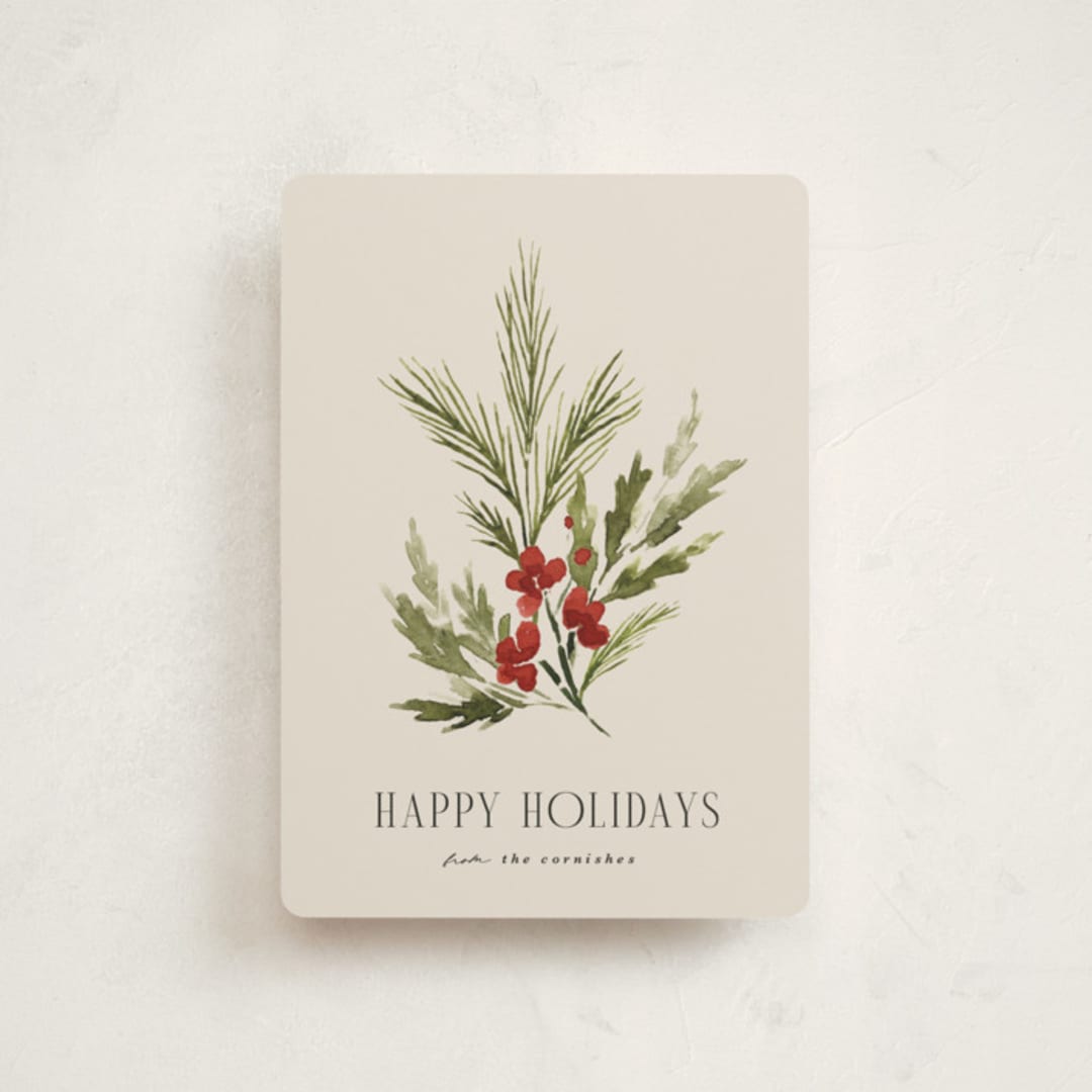 "Simple Sprig" - Holiday Cards in Toasted Almond by Kate Ahn - Front