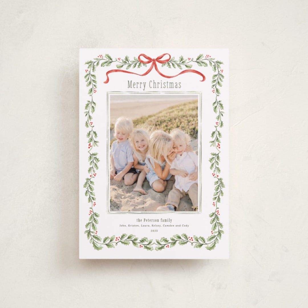 "Holly Garland and Bow" - Holiday Cards in Candy Cane by Paula Pecevich - Front