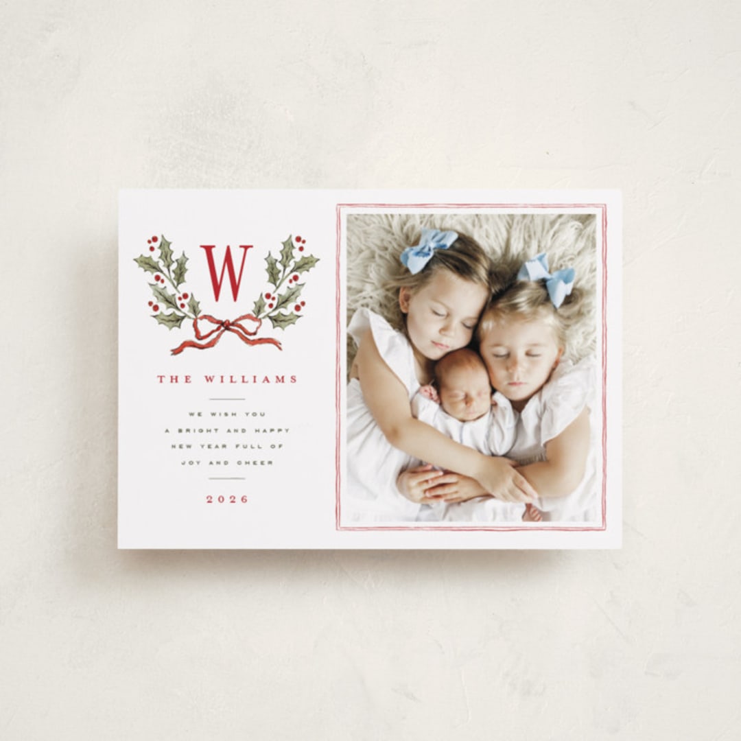 "Holly Monogram" - Holiday Cards in Holly Berry by Wildfield Paper Co - Front