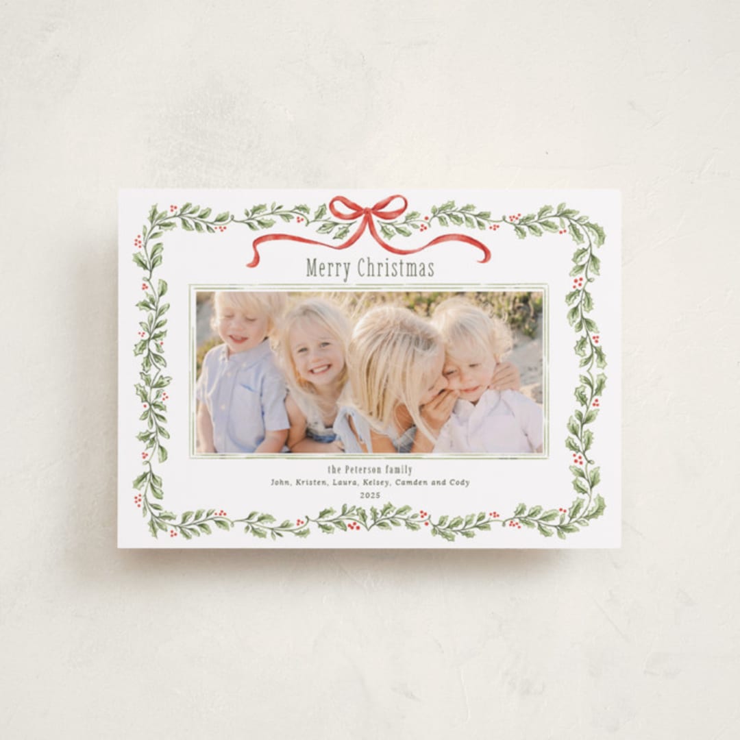 "Holly Garland and Bow" - Holiday Cards in Candy Cane by Paula Pecevich - Front
