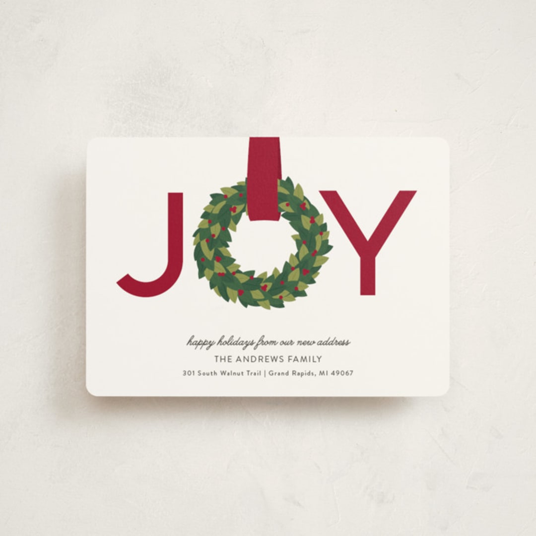 "Joy Wreath" - Holiday Cards in Cranberry by Sarah Brown - Front