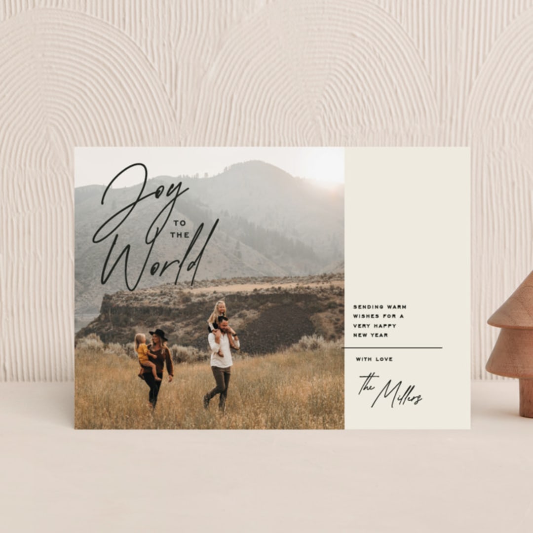 "Joy to the World script" - Holiday Cards in Linen by Owl and Toad - Front
