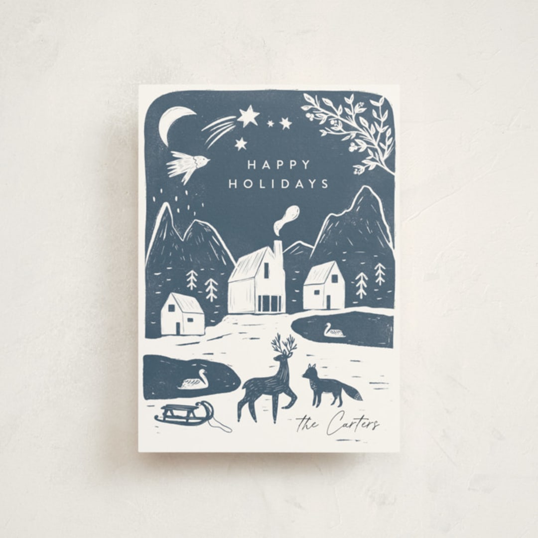 "Winter linocut" - Holiday Cards in Night by Maja Cunningham - Front