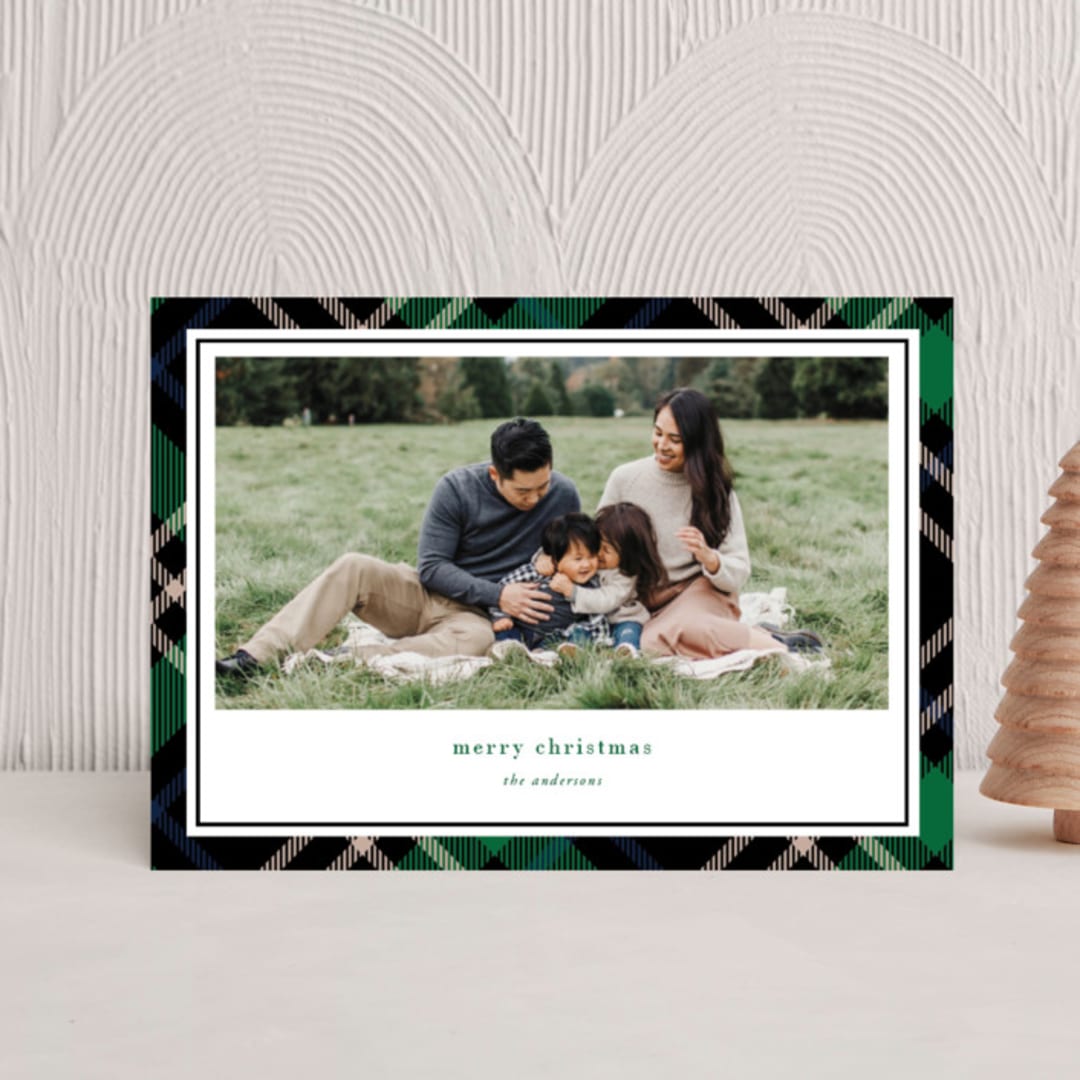 "Joyful Plaid" - Holiday Cards in Emerald by That Girl Press - Front