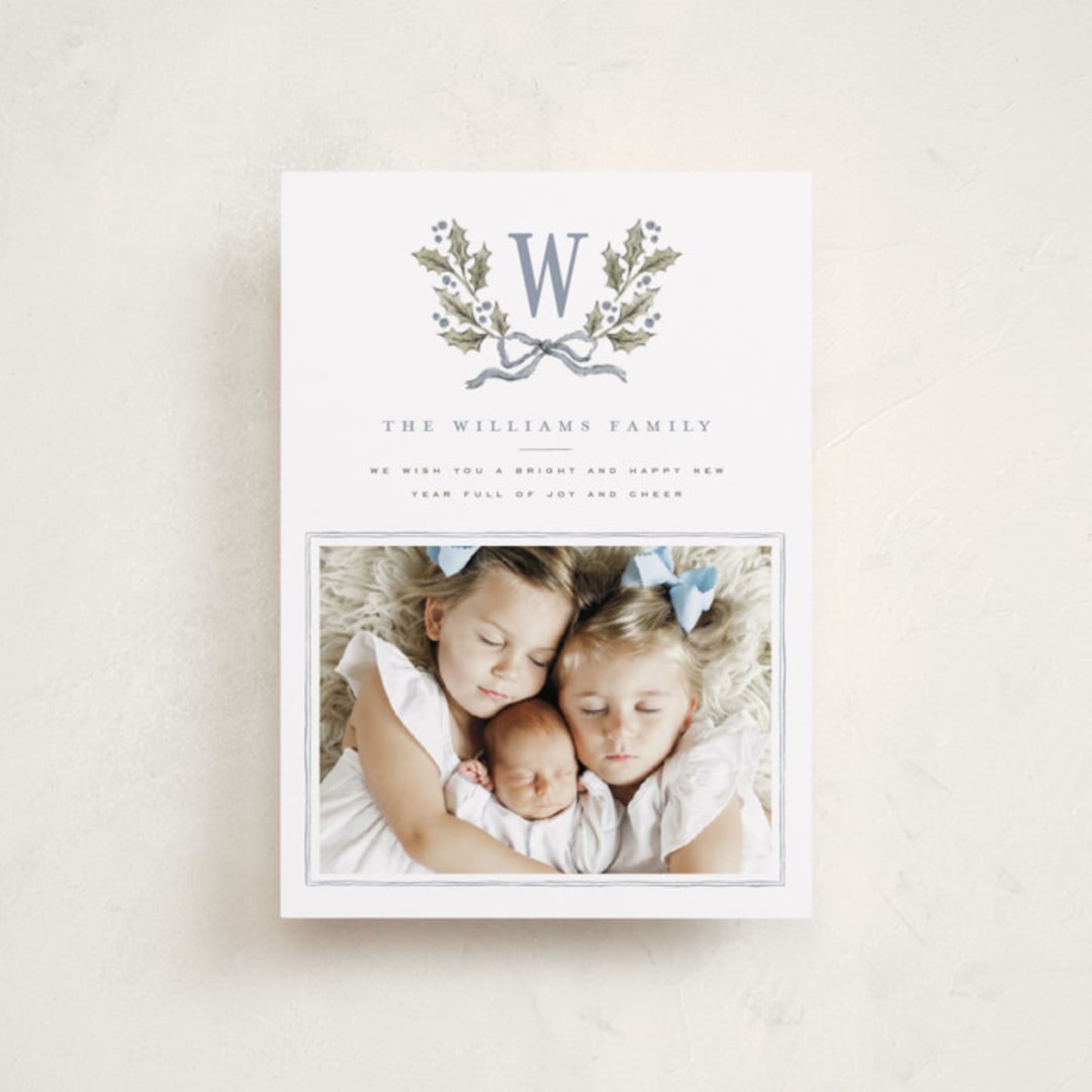 "Holly Monogram" - Holiday Cards in Blue Spruce by Wildfield Paper Co - Front