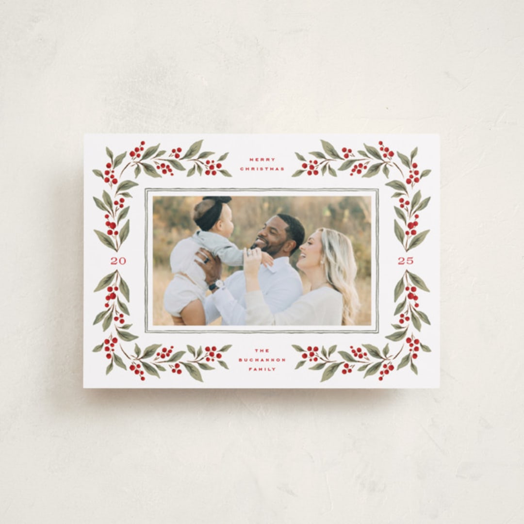 "Poinsettia + Pine" - Holiday Cards in Mistletoe by Wildfield Paper Co - Front