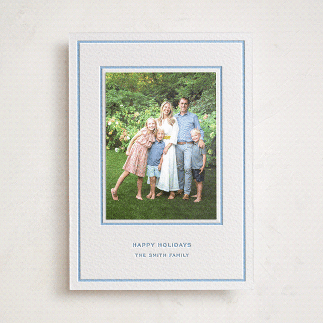 "Bowery" - Letterpress Holiday Photo Mount Cards in Sky Blue by Megan Davis - Front