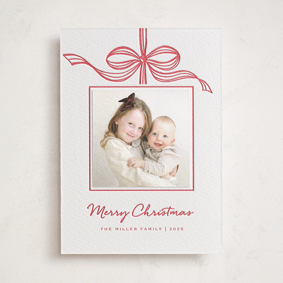 "Tied with a bow" - Letterpress Holiday Photo Mount Cards in Scarlet by SimpleTe Design - Front