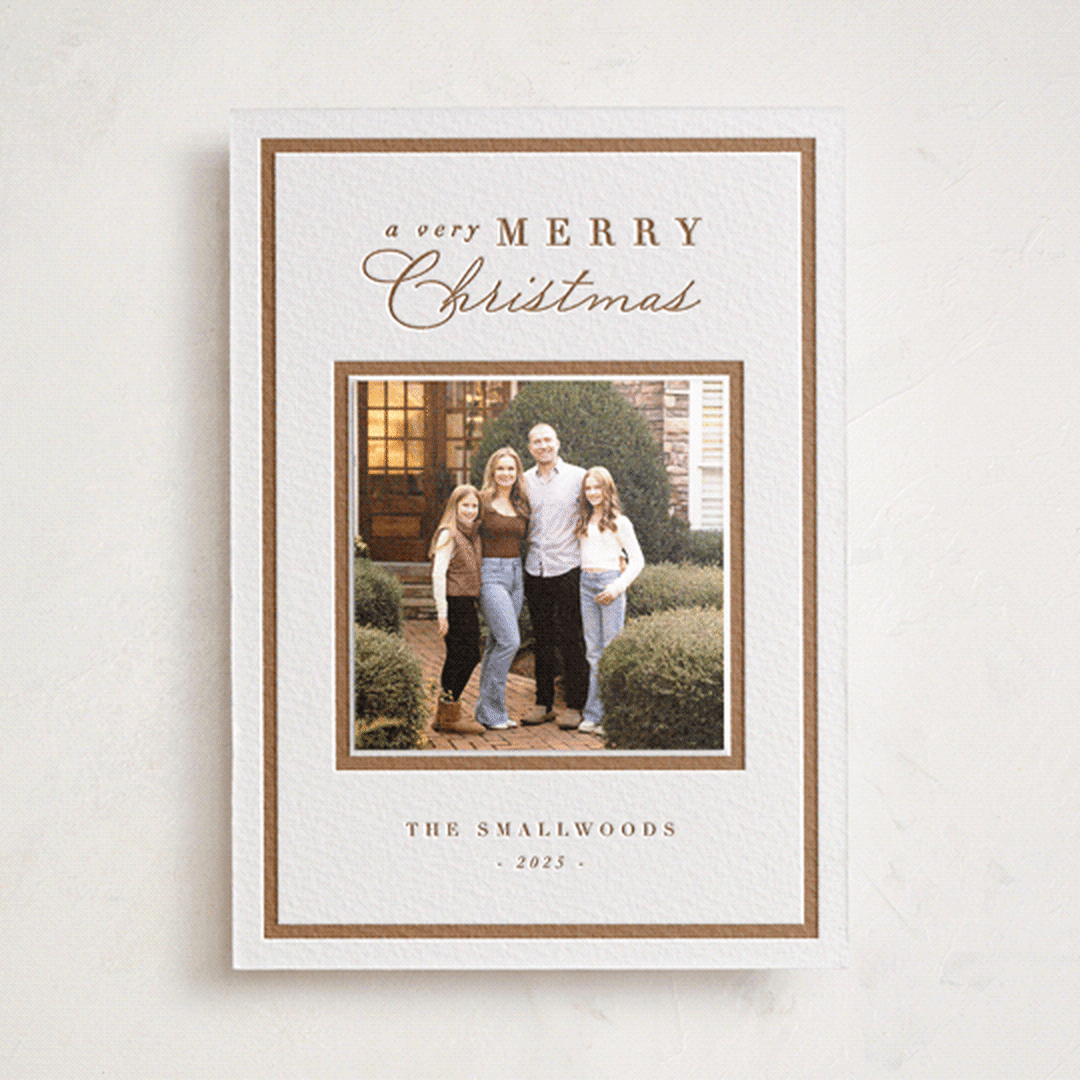 "Bound Merry" - Letterpress Holiday Photo Mount Cards in Matte Gold by Amy Kross - Front