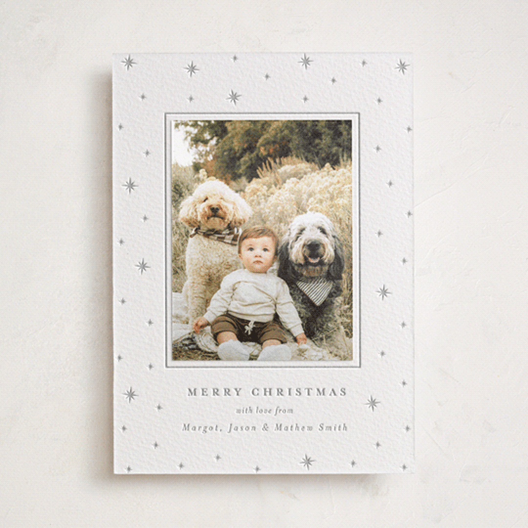 "Stars" - Letterpress Holiday Photo Mount Cards in Matte Silver by Elly - Front