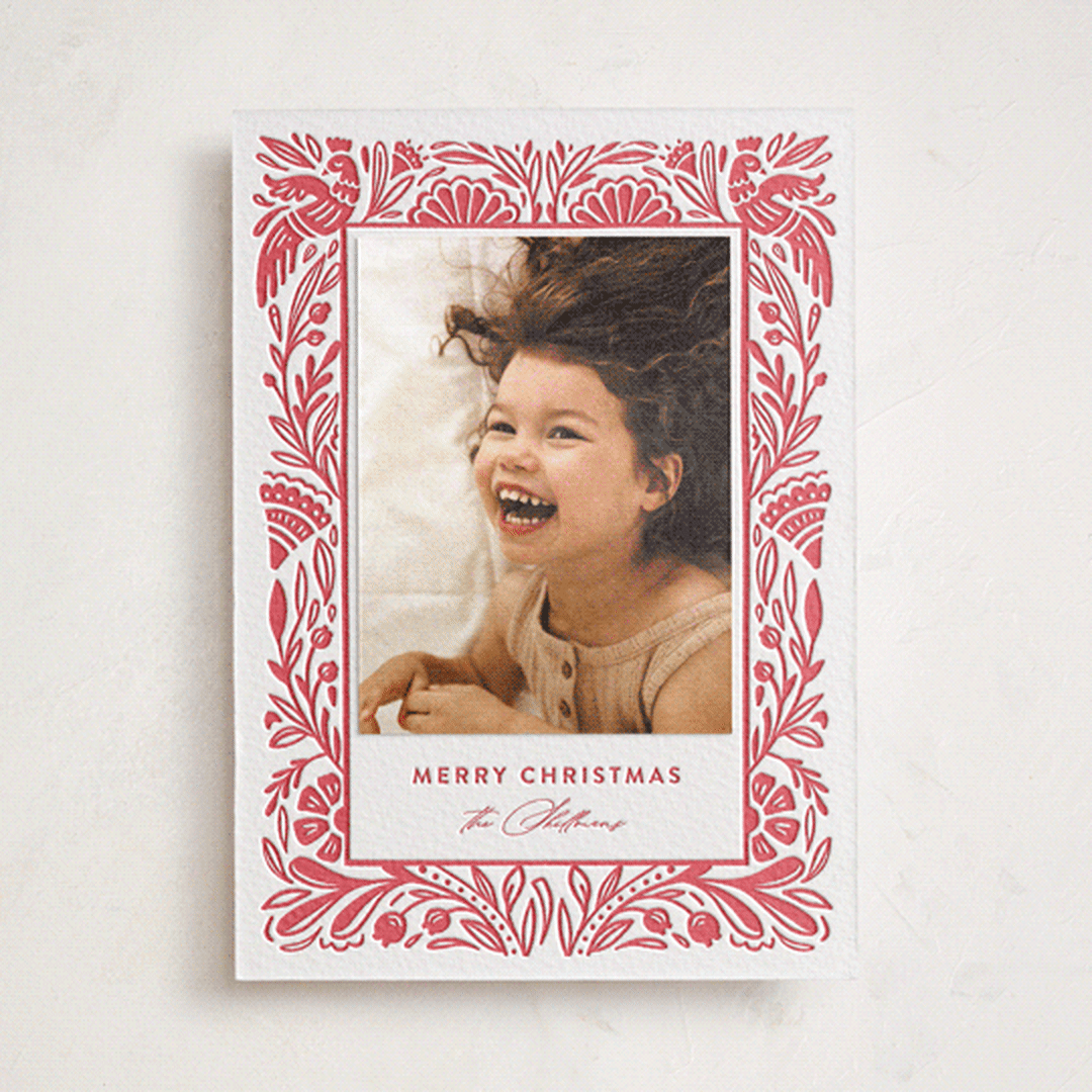 "Folk Art" - Letterpress Holiday Photo Mount Cards in Scarlet by Mansi Verma - Front
