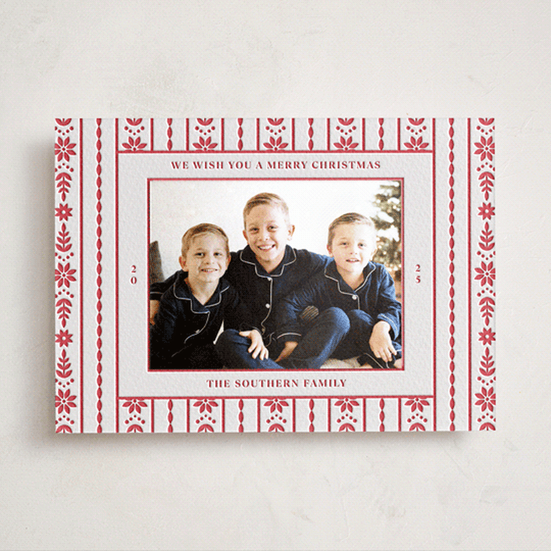 "Scandi Ribbon" - Letterpress Holiday Photo Mount Cards in Scarlet by Erin German - Front