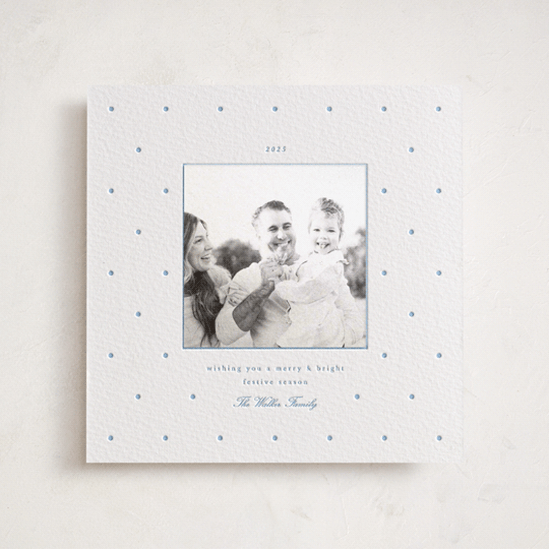 "Swiss Dot" - Letterpress Holiday Photo Mount Cards in Sky Blue by Blustery August - Front