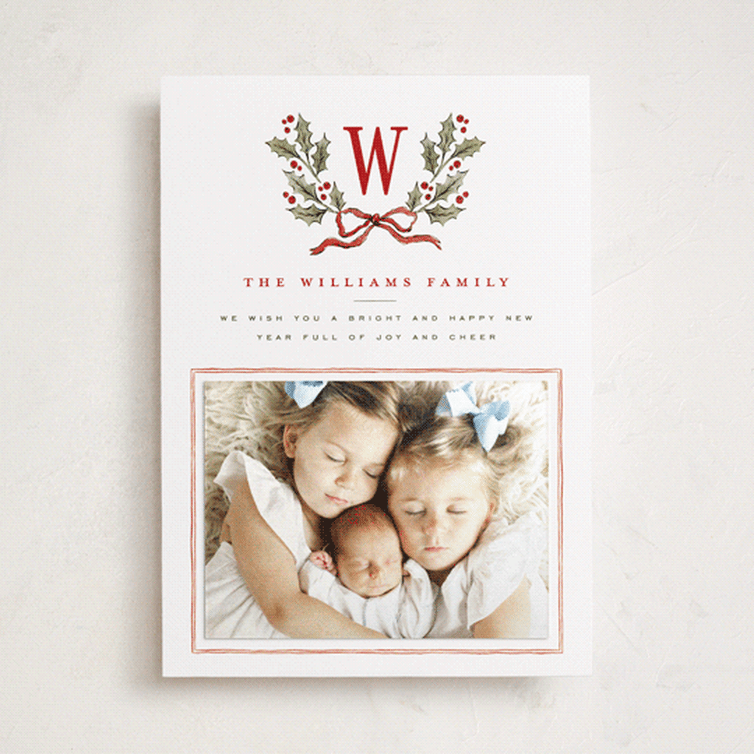 "Holly Monogram" - Holiday Photo Mount Cards in Holly Berry by Wildfield Paper Co - Front