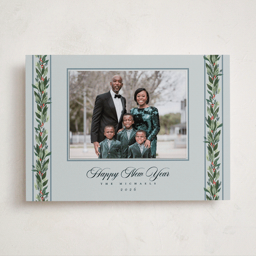 "evergreen garlands" - Holiday Photo Mount Cards in Winter Sky by Rebecca Durflinger - Front