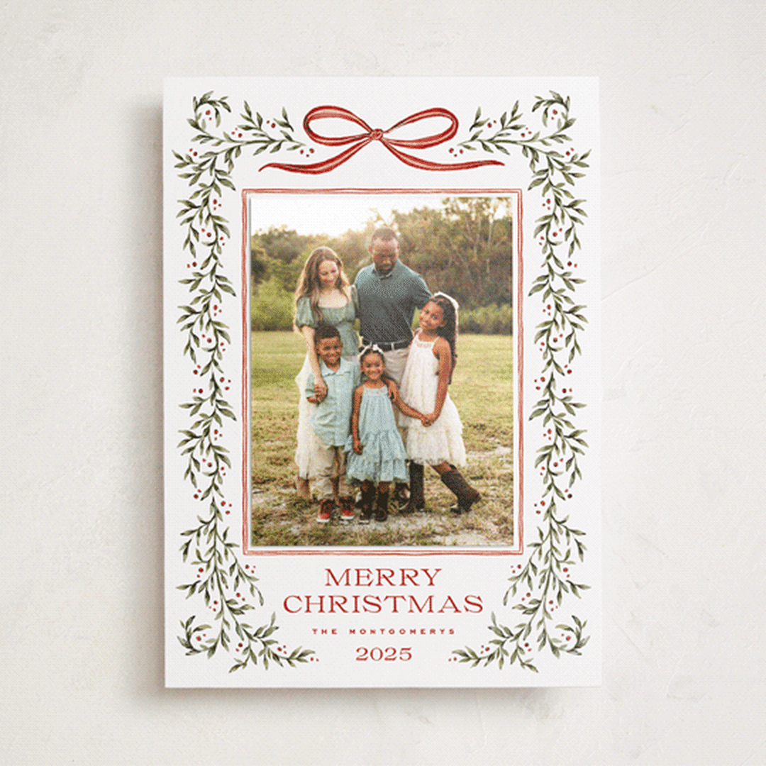 "Laurel Wreath" - Holiday Photo Mount Cards in Holly Berry by Wildfield Paper Co - Front