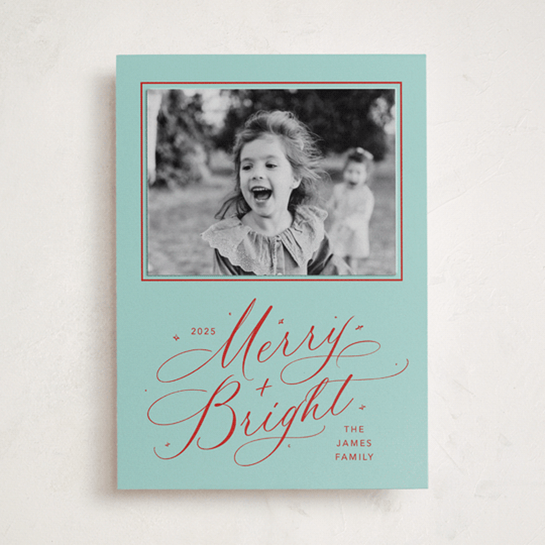 "Bright Laughter" - Holiday Photo Mount Cards in Turqouise by Erin Hodges - Front
