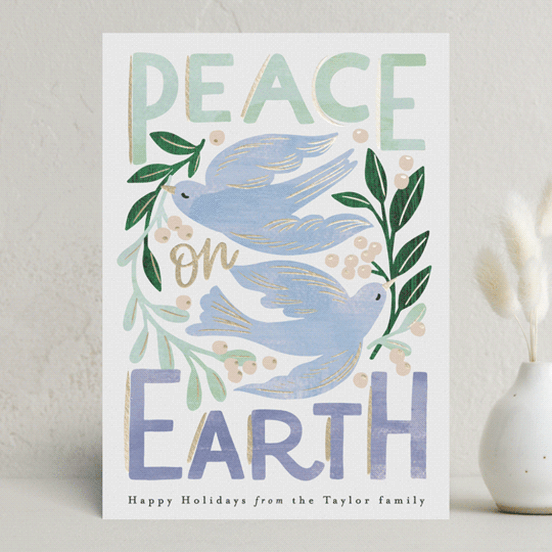 "Peace on Earth Birds" - Holiday Cards in Periwinkle by Alethea and Ruth - Front