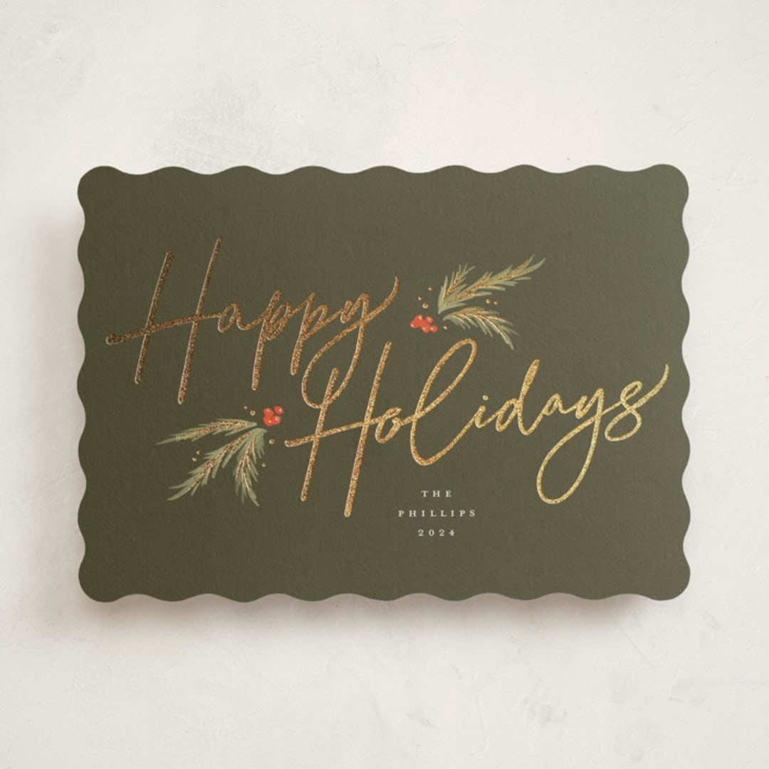 "Holiday Script" - Holiday Cards in Pine by Robert and Stella - Front