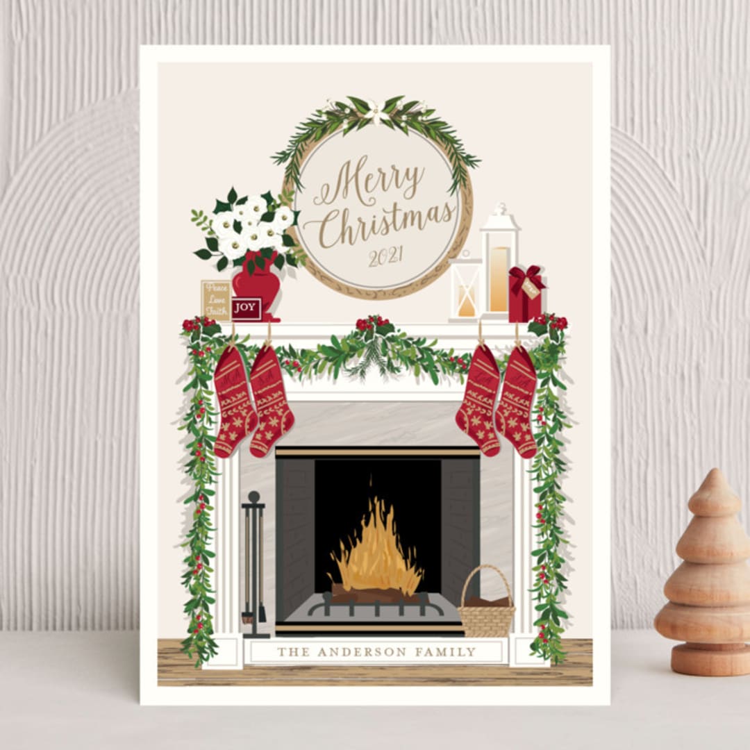 "Christmas Mantel" - Holiday Cards in Ivory by Susan Moyal - Front