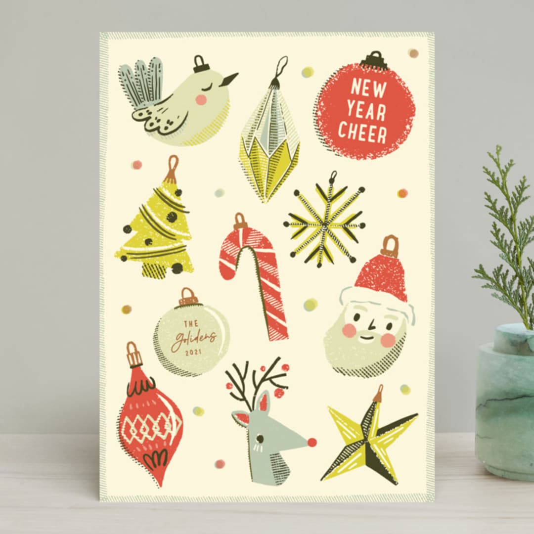 "Retro Ornaments" - Holiday Cards in Berry by Vivian Yiwing - Front