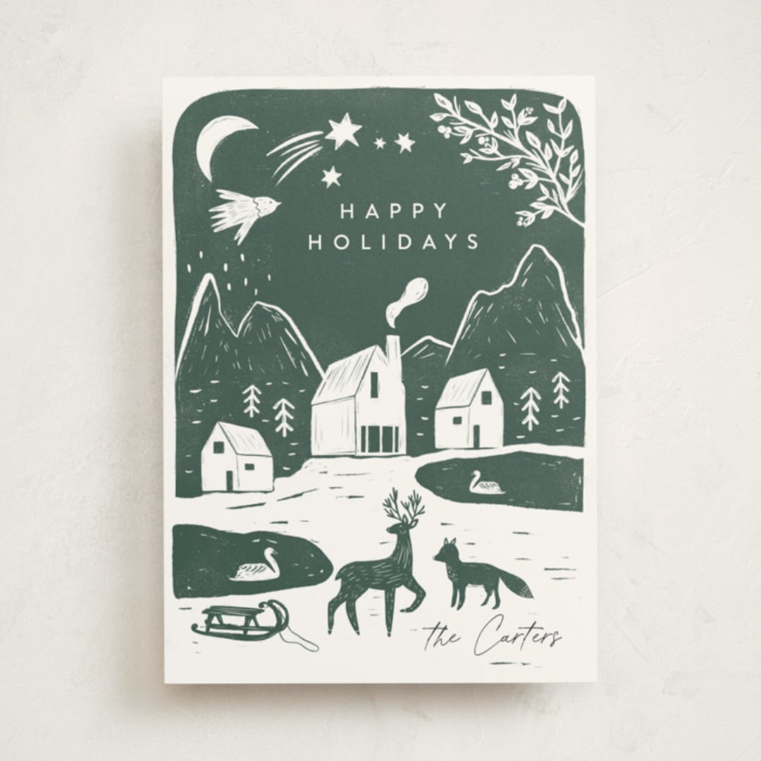 "Winter linocut" - Holiday Cards in Forest by Maja Cunningham - Front