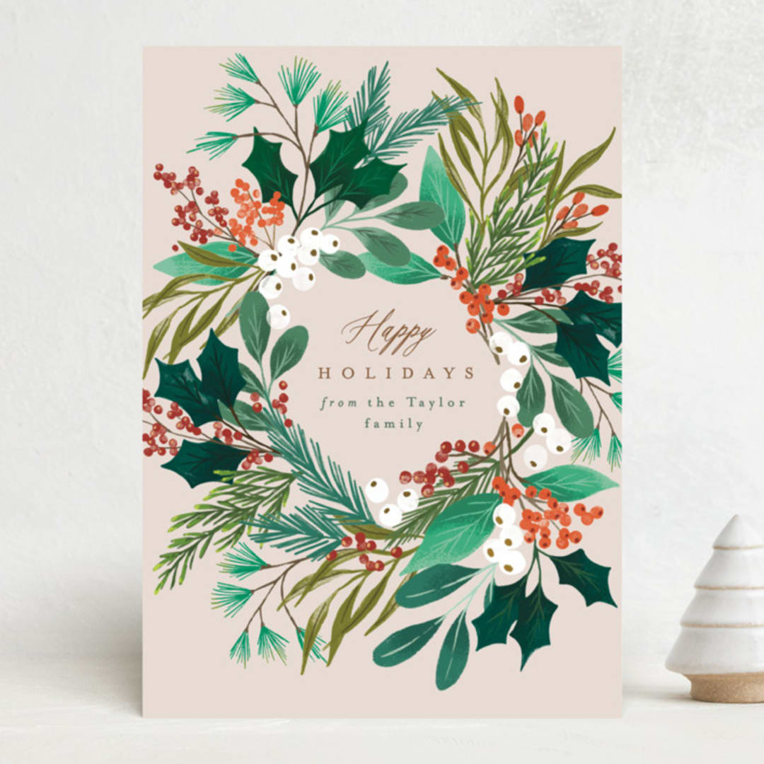 "Foliage Wreath" - Holiday Cards in Buttercream by Alethea and Ruth - Front