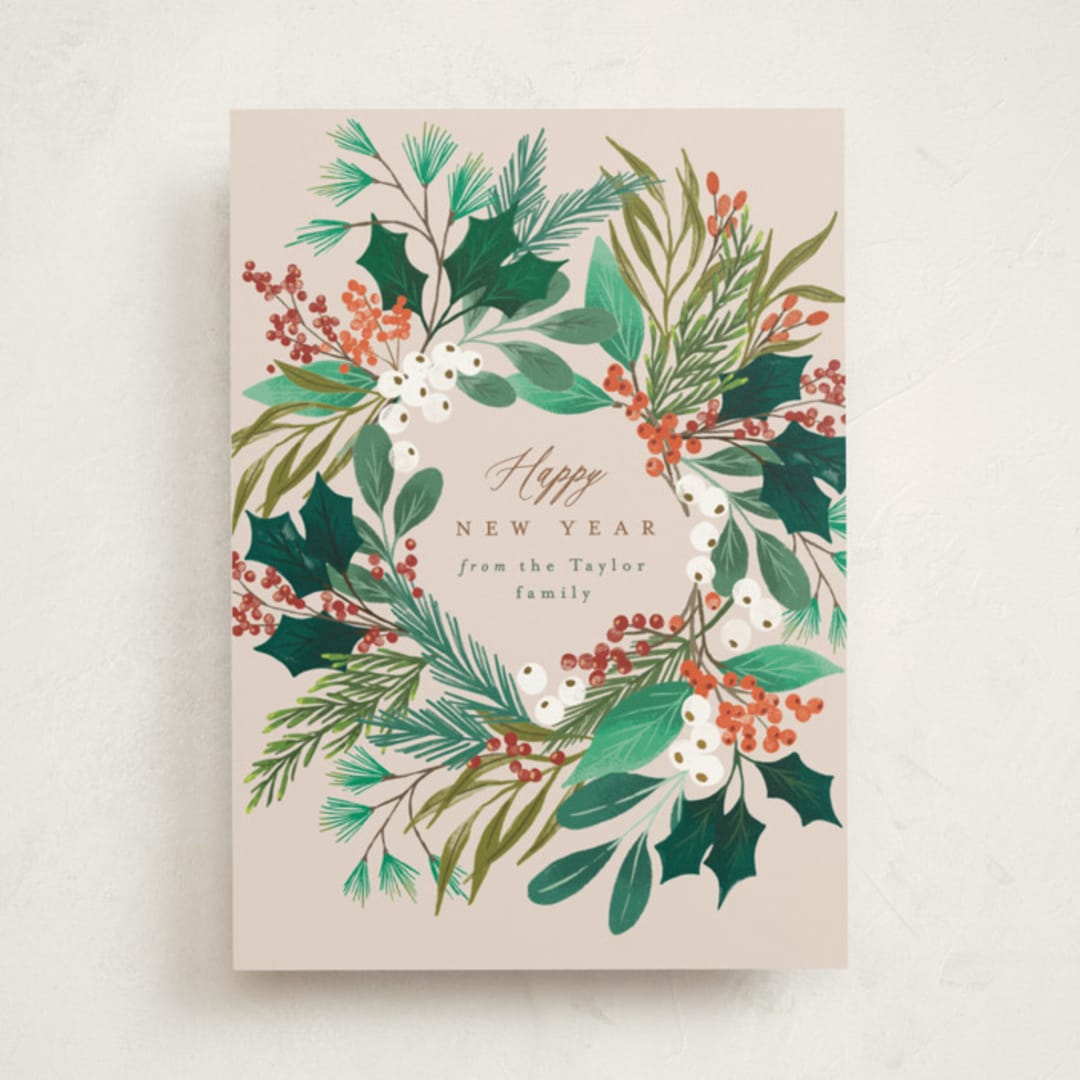 "Foliage Wreath" - Holiday Cards in Buttercream by Alethea and Ruth - Front