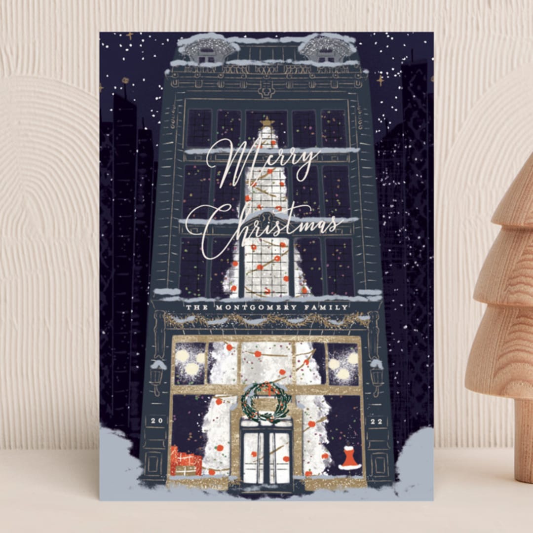 "Christmas Shopping" - Holiday Cards in Midnight by Gwen Bedat - Front