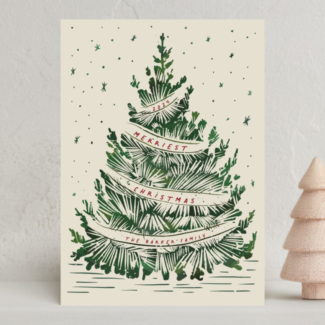 "Woodcut Christmas" - Holiday Cards in Cranberry by Paula Pecevich - Front