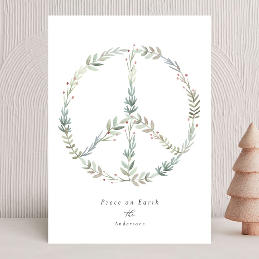 "Peace Sign Wreath" - Holiday Cards in Snow by Jennifer Holbrook - Front