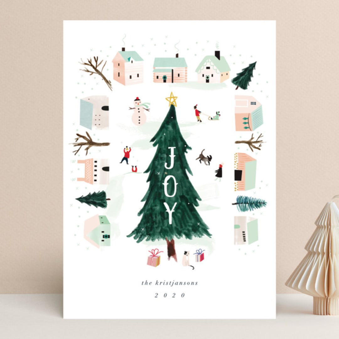 "Merry Village" - Holiday Cards in Mint by Eve Schultz - Front