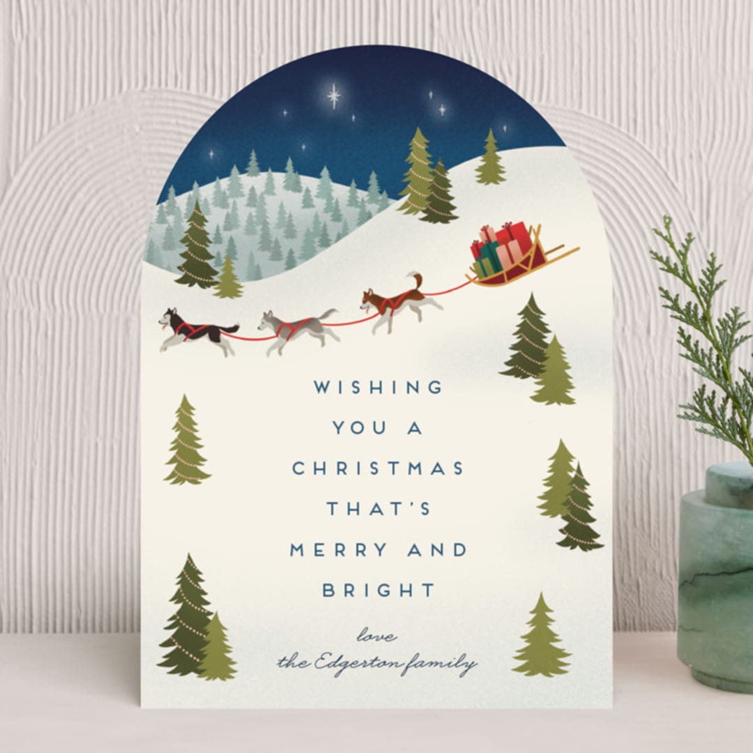 "Dog sled delivery" - Holiday Cards in Midnight by Jamie Alexander - Front