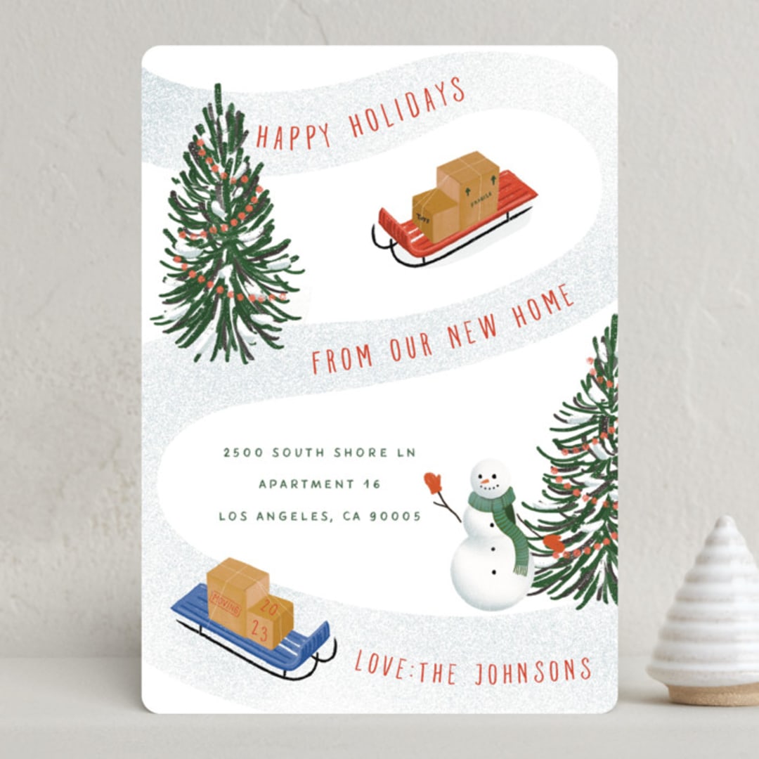"Moving Sleds" - Holiday Cards in Peppermint by Becky Nimoy - Front