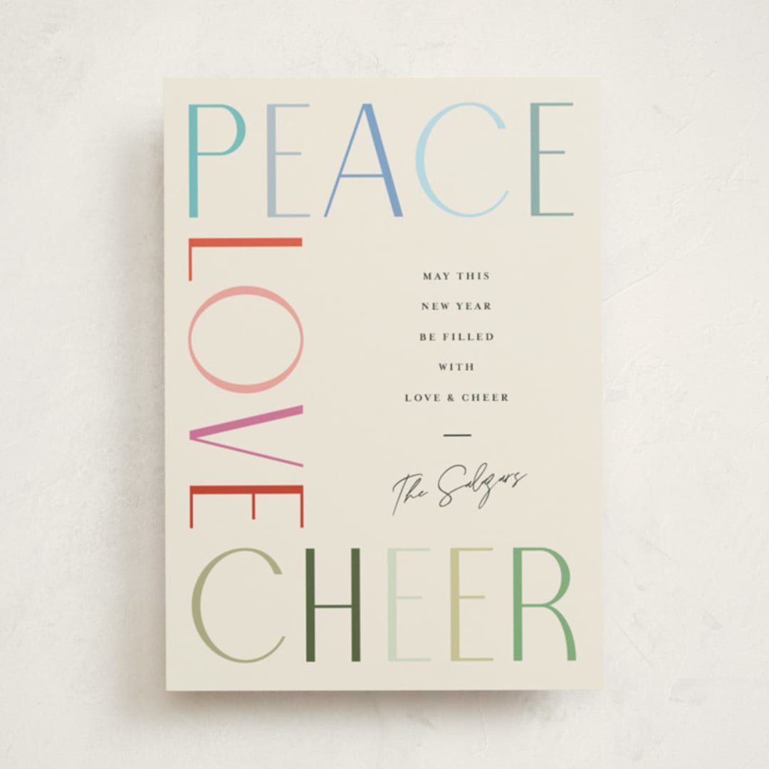 "Peace Love Cheer" - Holiday Cards in Fruitcake by Pixel and Hank - Front