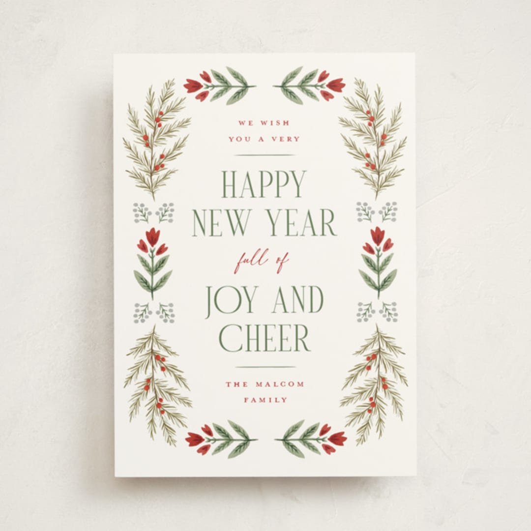 "Folk Floral" - Holiday Cards in Pine by Wildfield Paper Co - Front