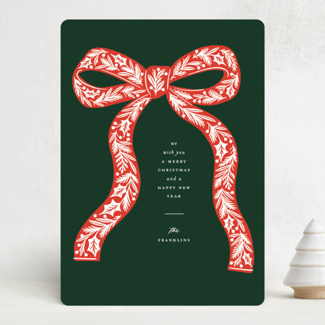 "Botanical Bow" - Holiday Cards in Evergreen by Paper Raven Co. - Front