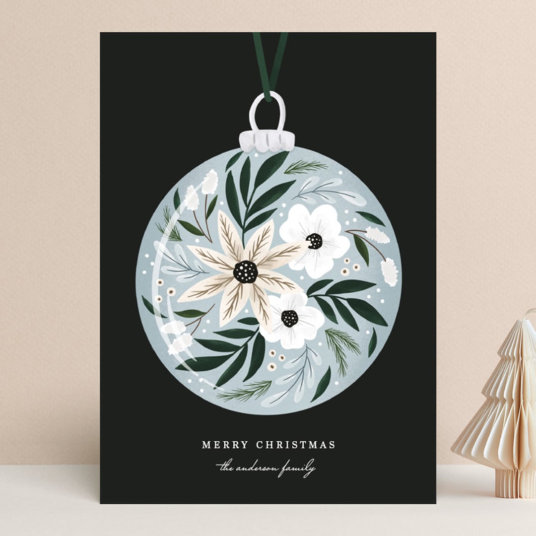 "Floral Bulb" - Holiday Cards in Dusty Blue by Megan Cash - Front