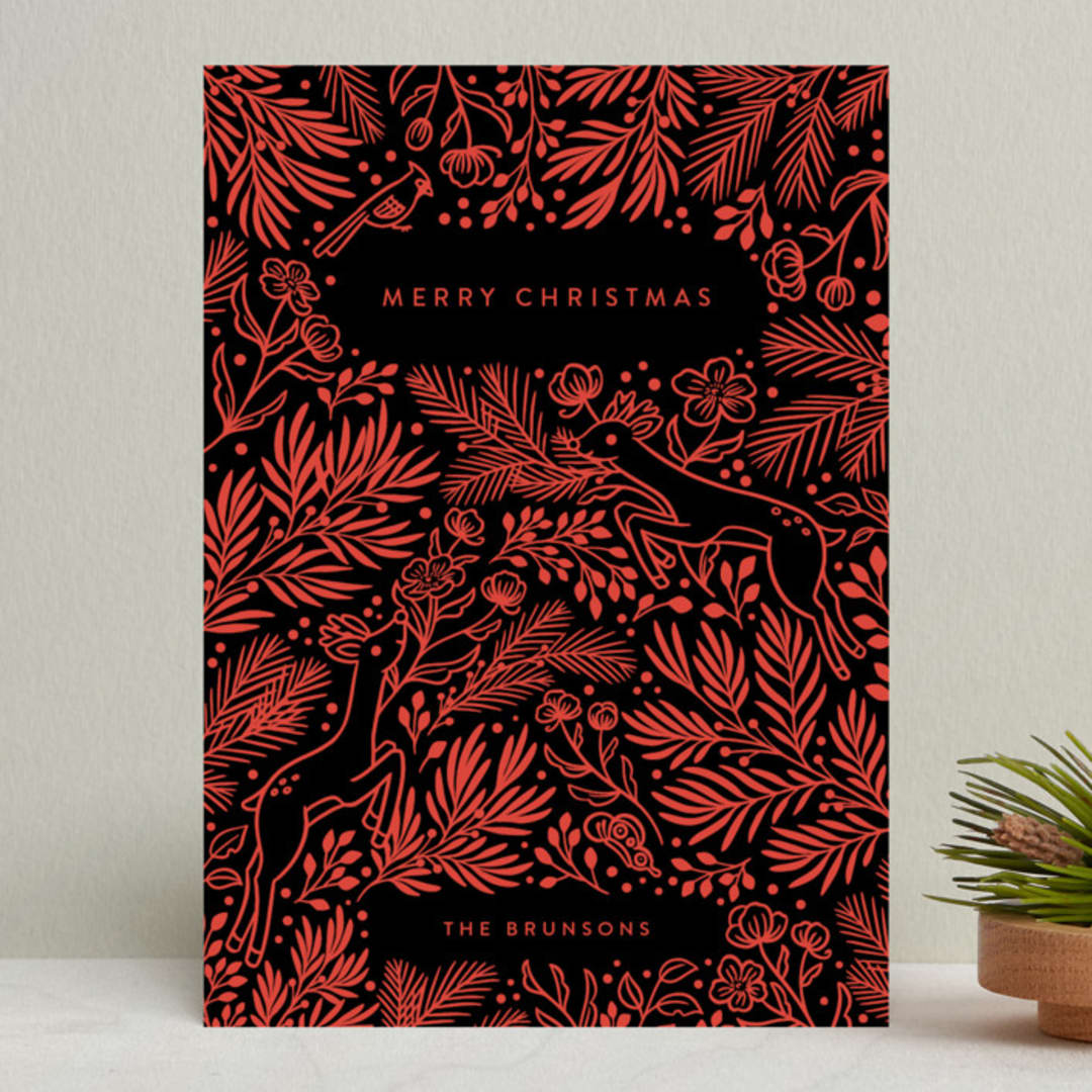 "Leaping Reindeers" - Holiday Cards in Santa Red by Shannon Chen of Four Wet Feet Studio - Front