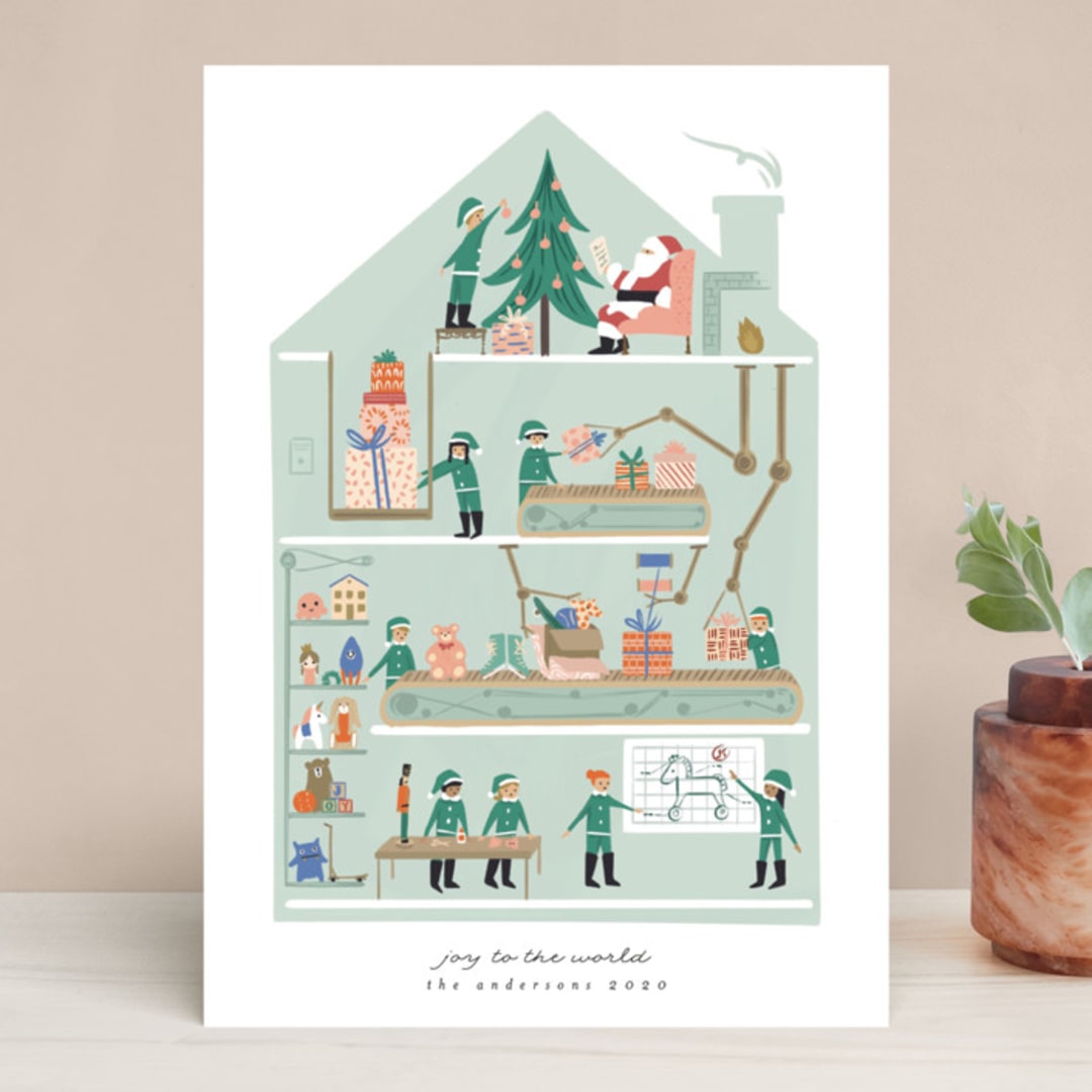 "Santa and The Techie Elves" - Holiday Cards in Elf Shoes by Grae - Front