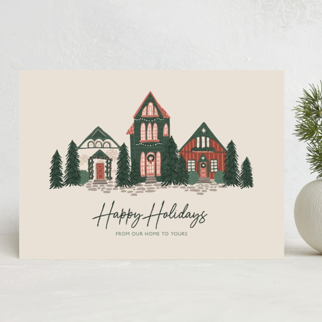 "Happy Holidays Village" - Holiday Cards in Merlot by Katrina Edwards - Front