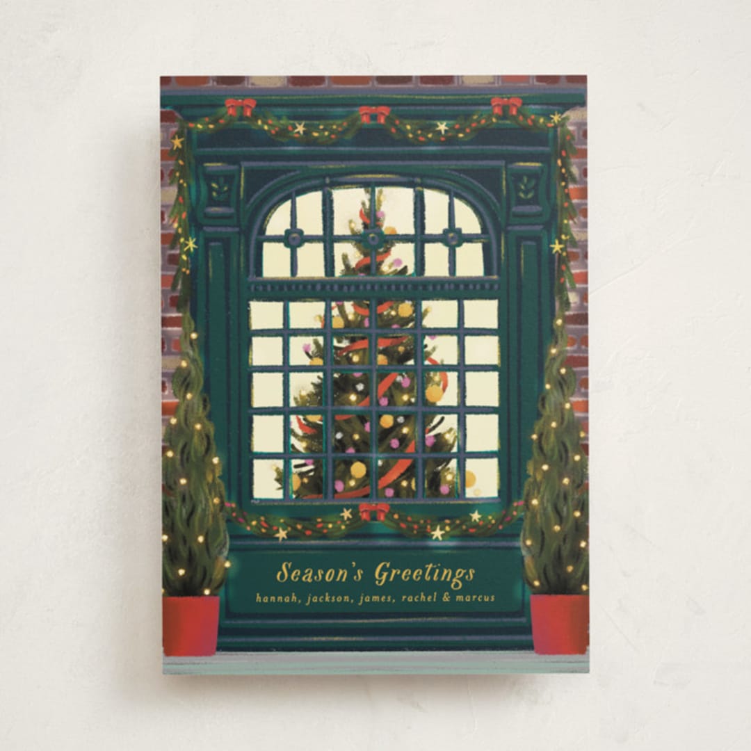 "Christmas Window" - Holiday Cards in Dark Turquoise by Becky Nimoy - Front