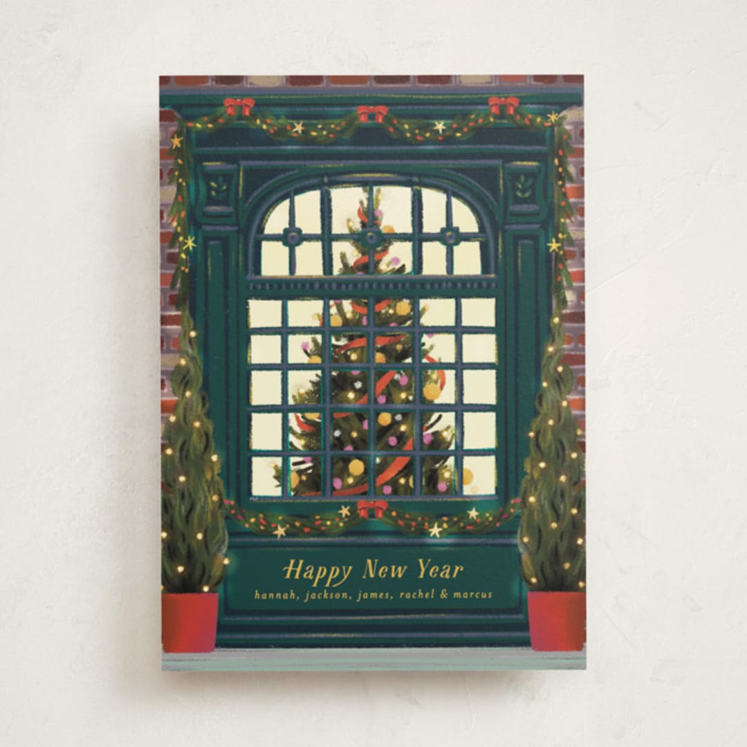 "Christmas Window" - Holiday Cards in Dark Turquoise by Becky Nimoy - Front