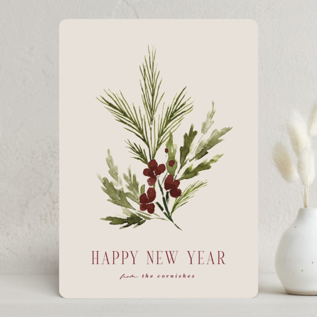 "Simple Sprig" - Holiday Cards in Merlot by Kate Ahn - Front