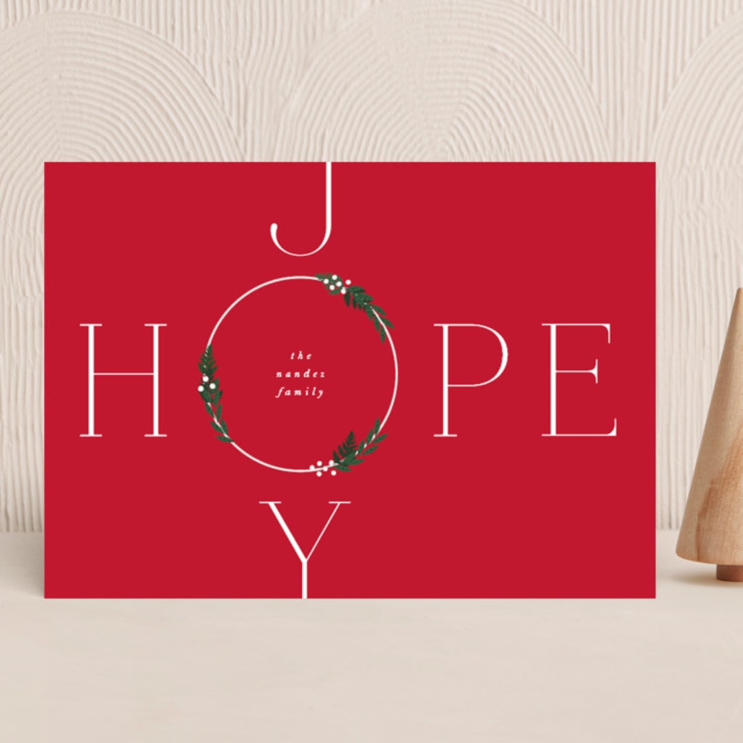 "Hope & Joy" - Holiday Cards in Holly Berry by Corinne Malesic - Front