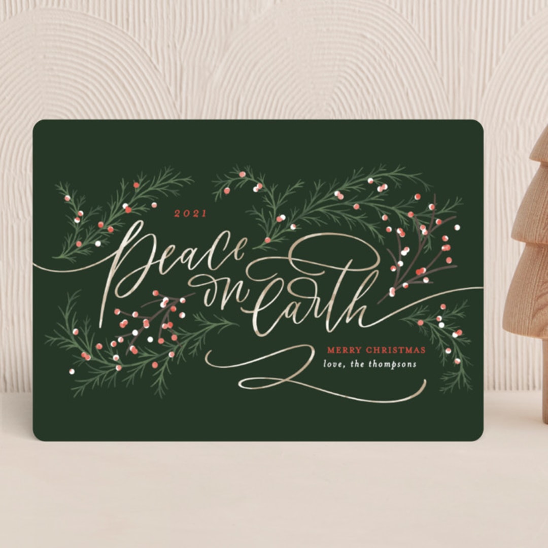 "Peace On Earth" - Holiday Cards in Evergreen by Erin German - Front