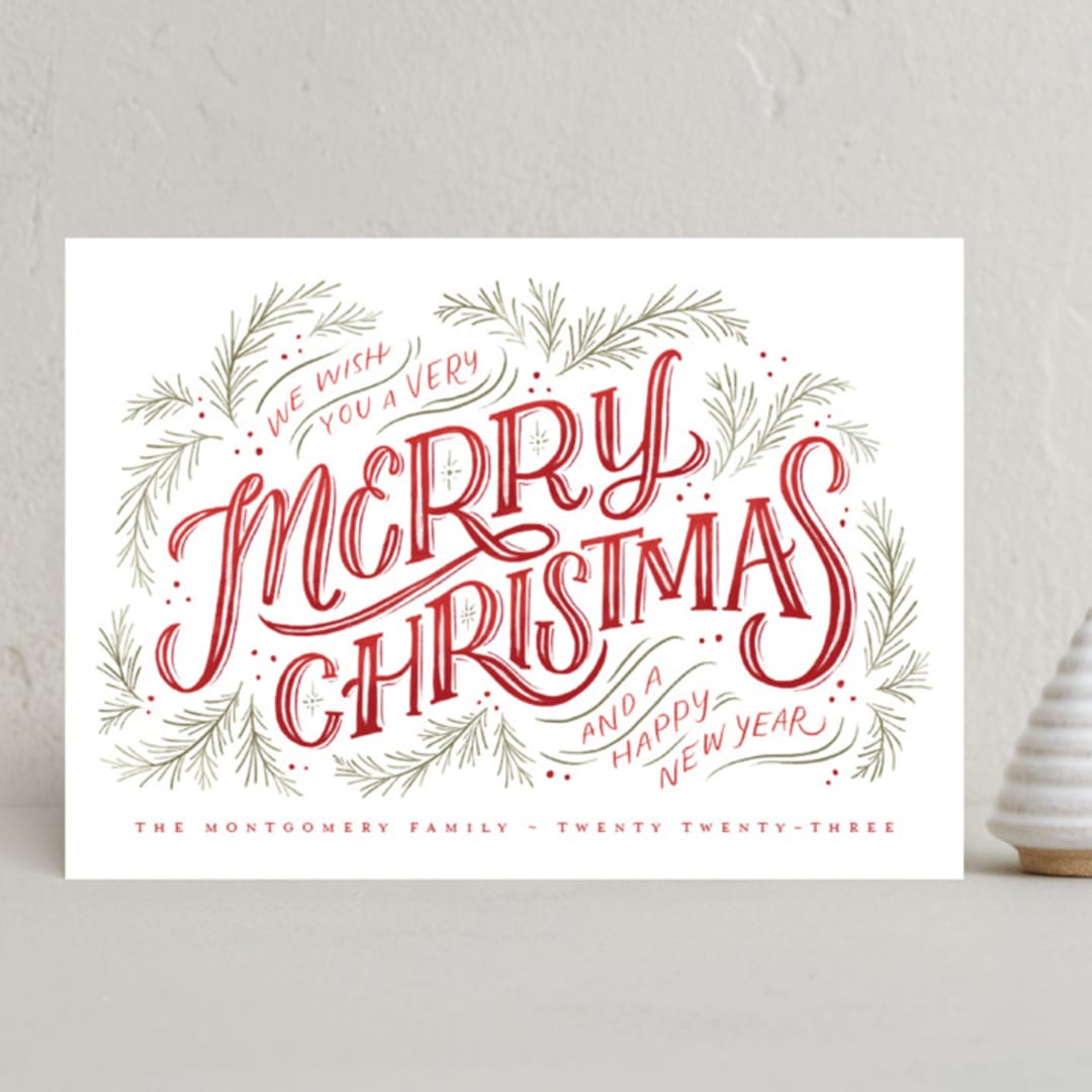 "Very Merry Christmas" - Holiday Cards in Cranberry by Wildfield Paper Co - Front