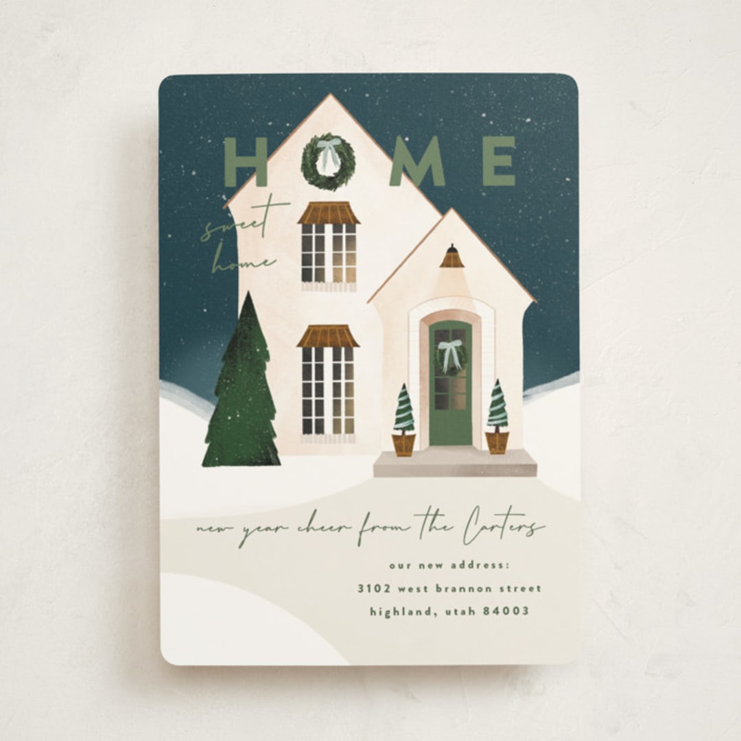 "New Place" - Holiday Cards in Olive Wreath by Julie Murray - Front