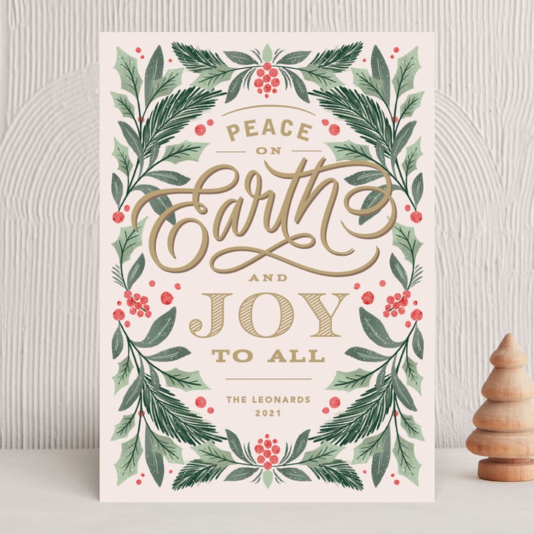 "Peace on Earth Florals" - Holiday Cards in Blush by Kristen Smith - Front