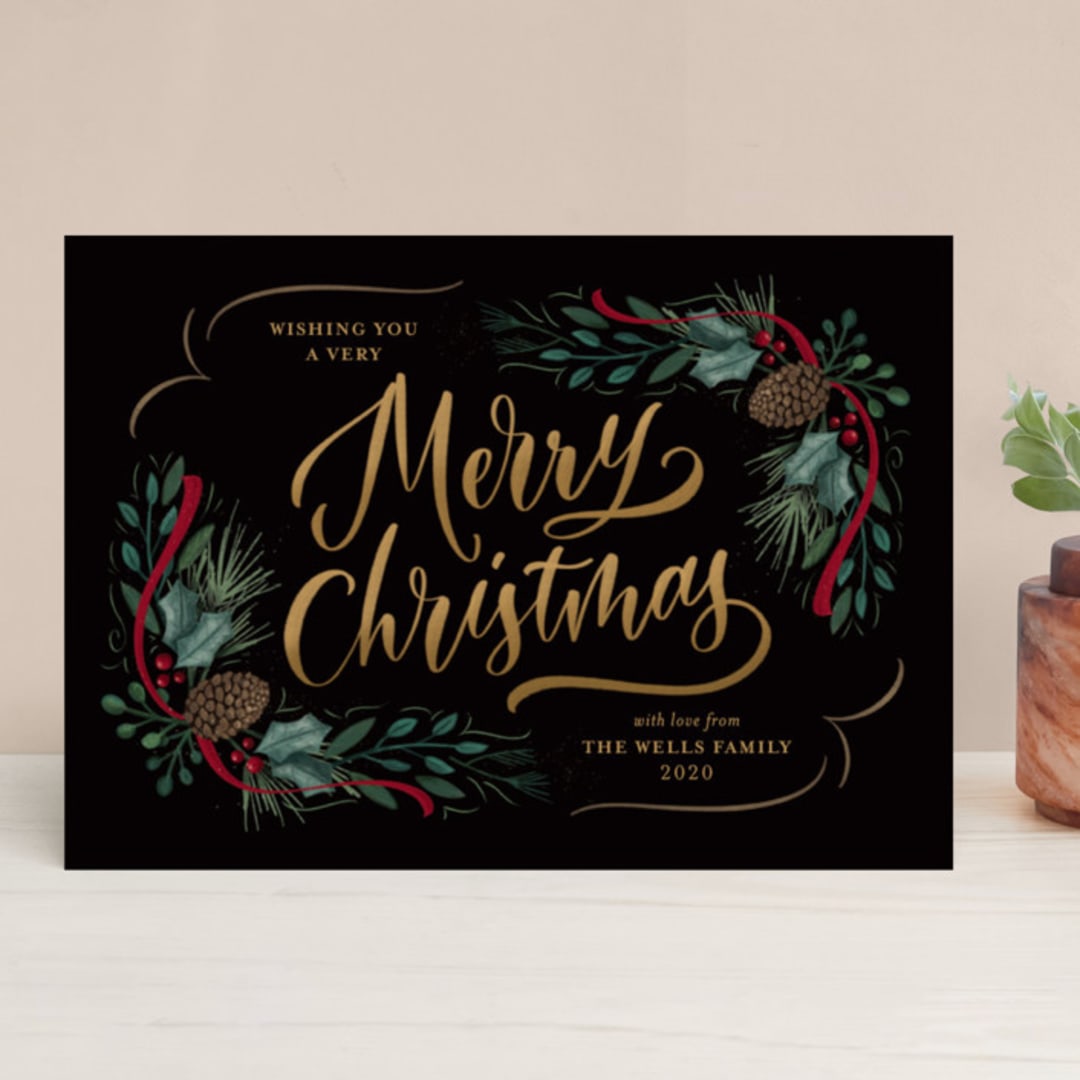 "Festive Greenery" - Holiday Cards in Midnight by Laura Bolter - Front